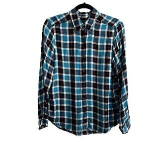 Eddie Bauer Women SZ M Navy Blue/White/Teal Plaid Flannel Long Sleeve Blouse